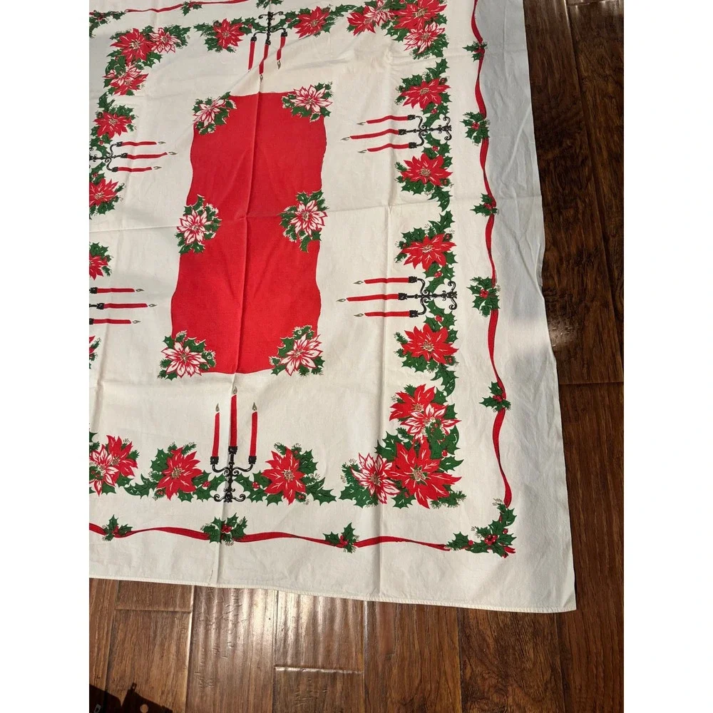 Vintage Christmas Tablecloth‎ Poinsettia Candelabra Red White Green 52x62